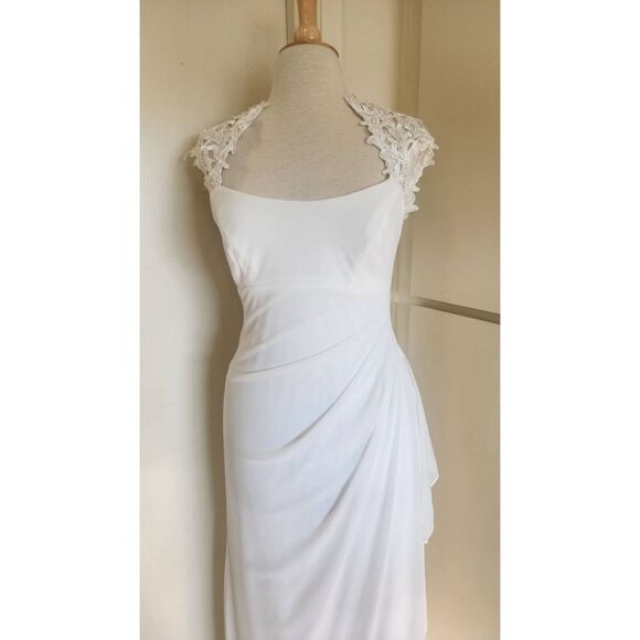 Xscape White Jersey,  Chiffon and Lace Empire Waist Gown with side Draped Oversk - Picture 2 of 11